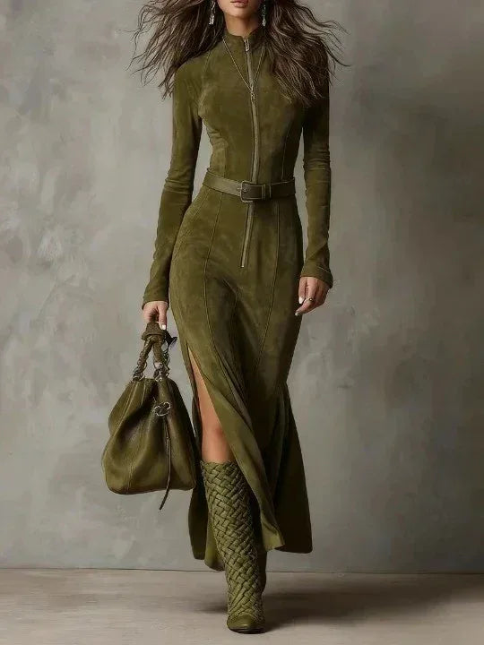 Slim Zipper Dress Elegant Temperament Split Long-sleeved Dresses Cowboy Fashion Retro Women's Clothing - DanaFashionstore