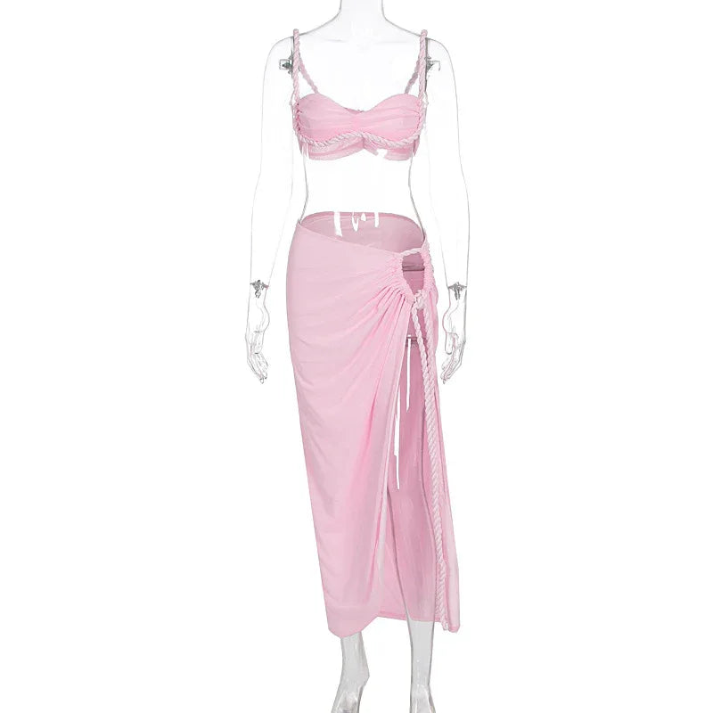 Sexy Fashion Beach Swimsuit Woven Halter Top Top Split Skirt Suit - DanaFashionstore