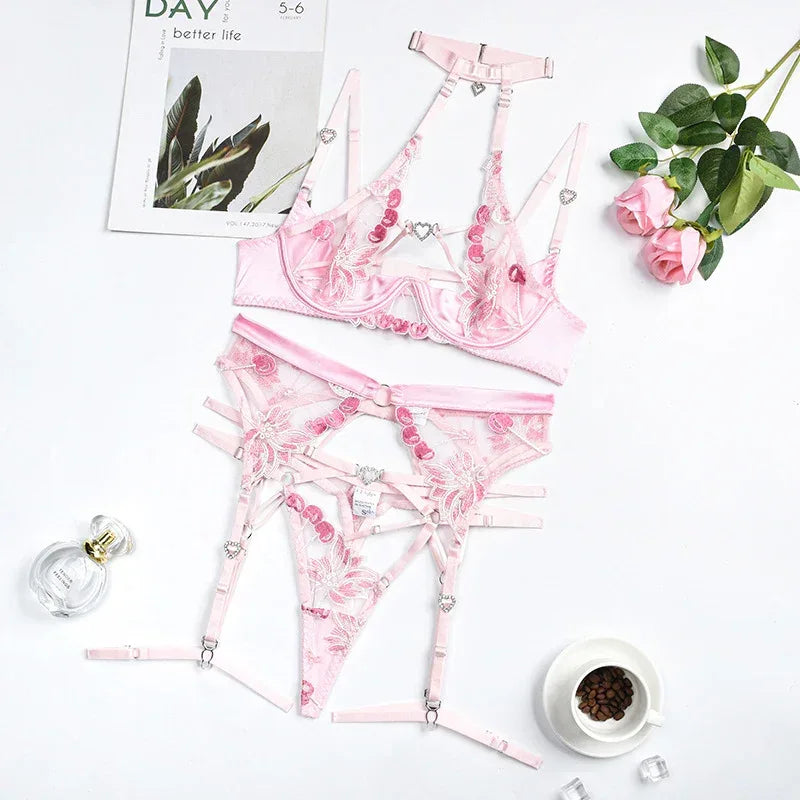 Love Drill Buckle Embroidered Lingerie 2026 - Sexy Cutout Suit - DanaFashionstore