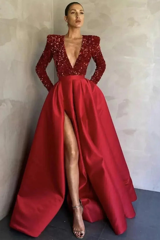 Women's Long Sleeve Sequin V-neck Sequins Evening Dress - DanaFashionstore