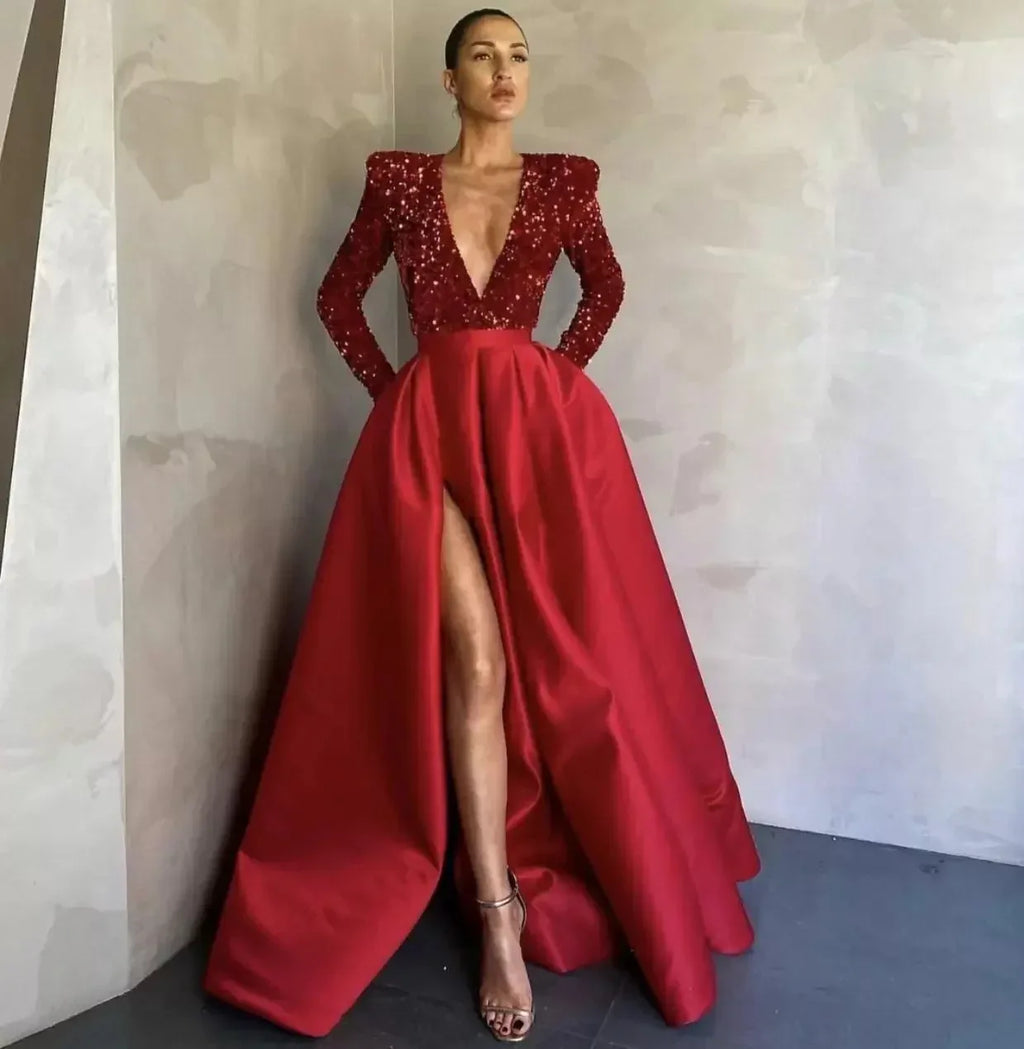 Women's Long Sleeve Sequin V-neck Sequins Evening Dress - DanaFashionstore