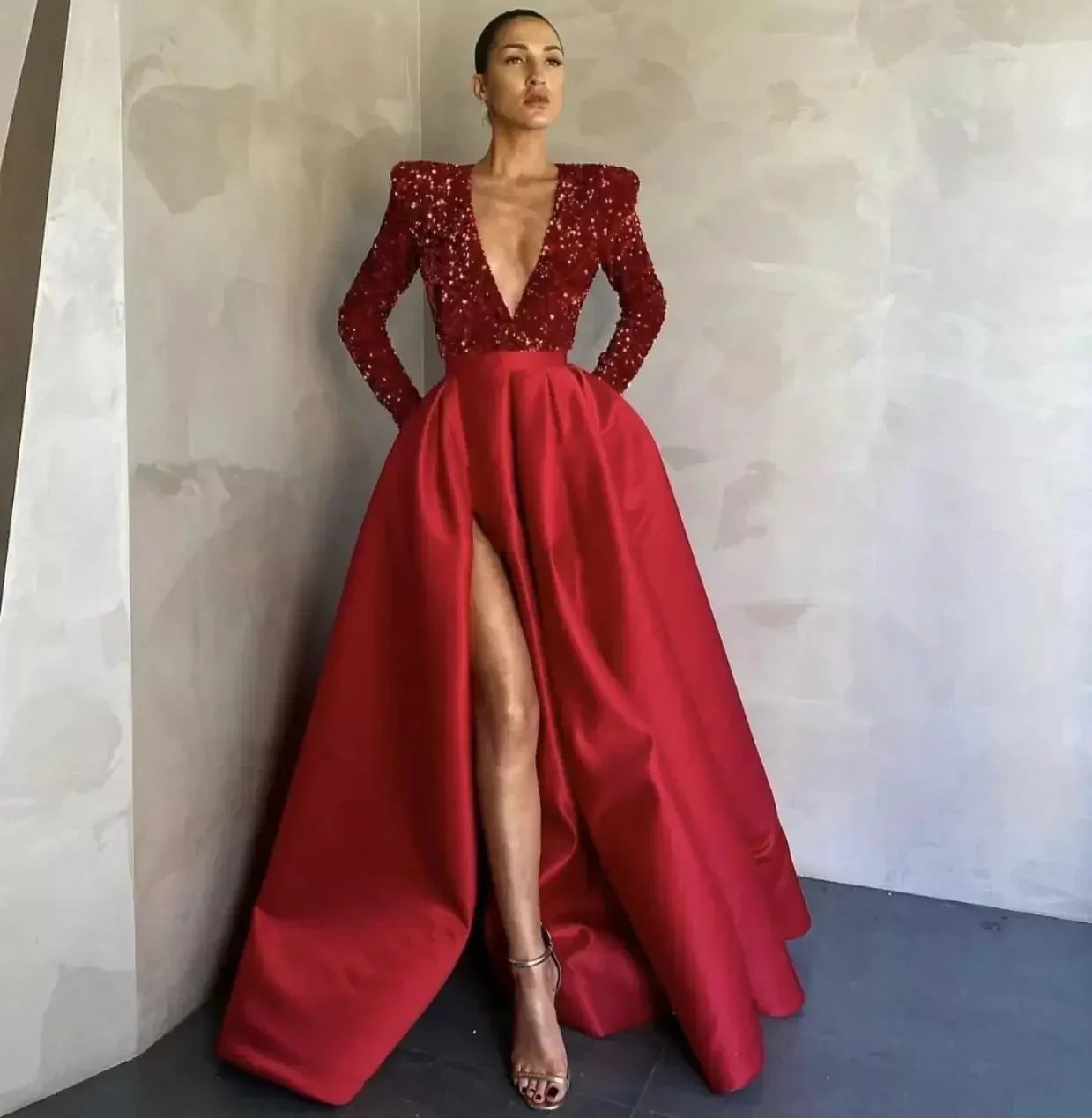 Women's Long Sleeve Sequin V-neck Sequins Evening Dress - DanaFashionstore