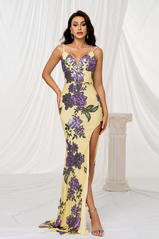 V-neck Brace Slim-fit Sheath Sequined Slit Evening Dress $104.40 Dana Fashion Color: Yellow Size: L Women's clothing Product information: Color: yellow Size: S,M,L,XL Style type: Elegant Popular elements: Sequins Style: Basic Fabric name: Polyester Craft: