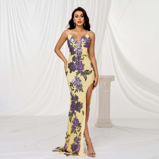 V-neck Brace Slim-fit Sheath Sequined Slit Evening Dress $104.40 Dana Fashion Color: Yellow Size: L Women's clothing Product information: Color: yellow Size: S,M,L,XL Style type: Elegant Popular elements: Sequins Style: Basic Fabric name: Polyester Craft: