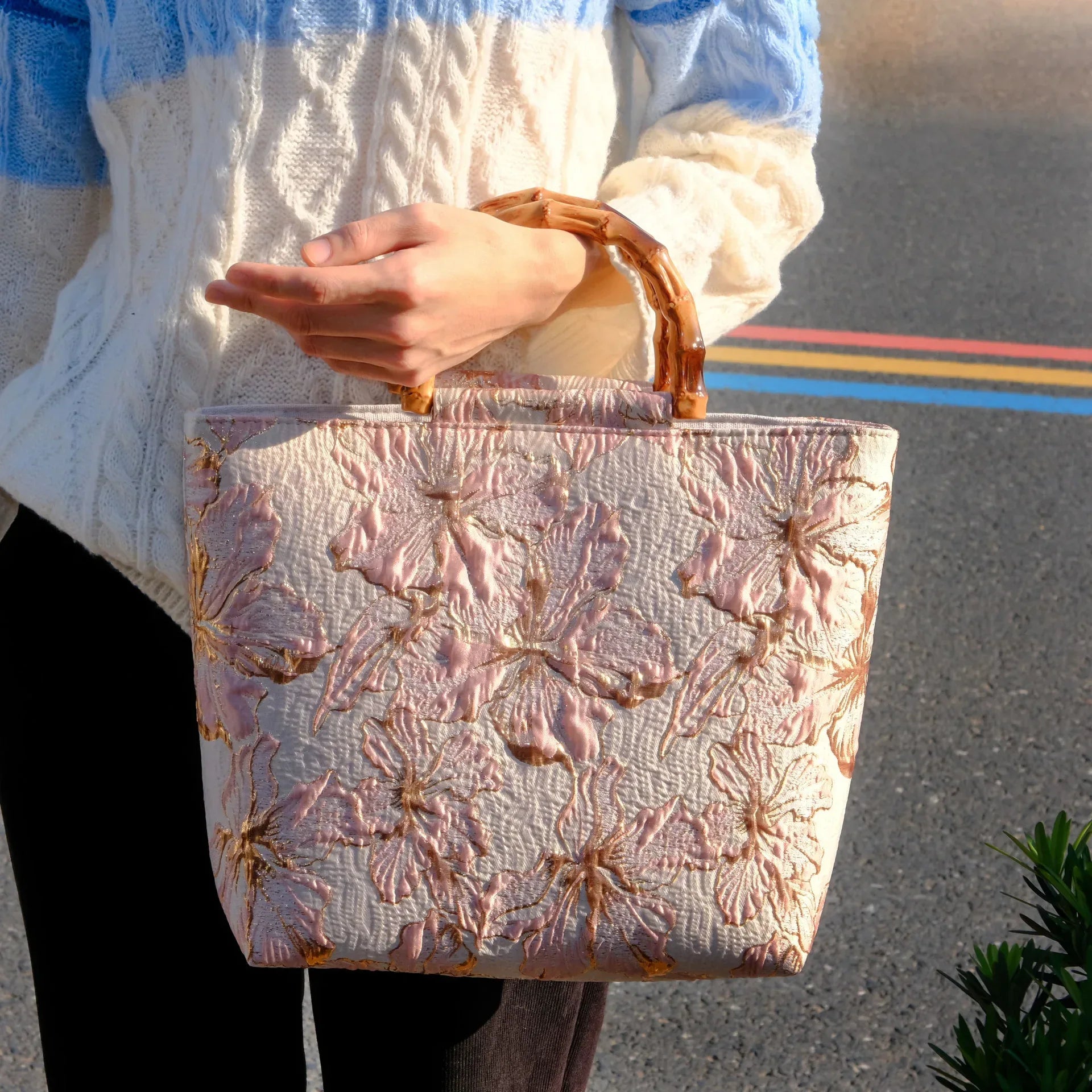 Women's Light Blue Bronzing Flower Canvas Bag - DanaFashionstore