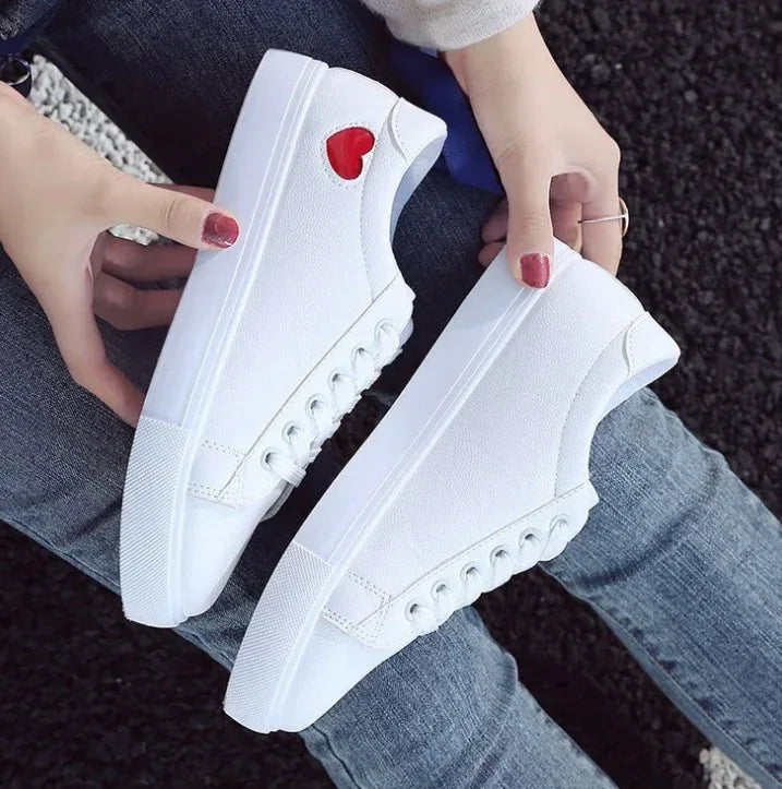 Fashion New Woman PU Leather Shoes Ladies Breathable Cute Heart Flats Casual Shoes White Sneakers - DanaFashionstore