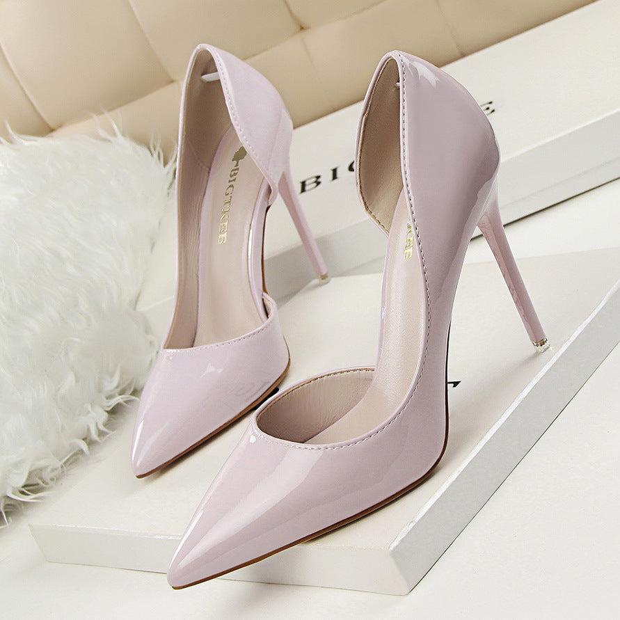 Stiletto patent leather shallow pointed high heels