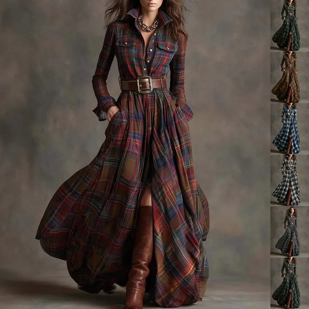 Ins Plaid Print Long-Sleeved Dress Fashion Pockets Collared Buttons Shirt Long Dresses Retro Women's Clothing - DanaFashionstore