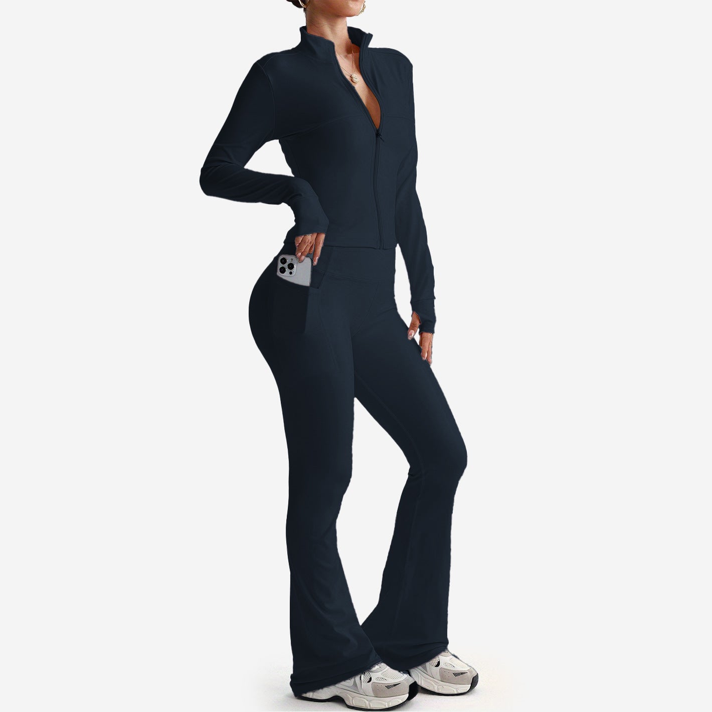 Stand Collar Long-sleeve Zipper Jacket High Waist Pocket Wide Leg Pants Suit