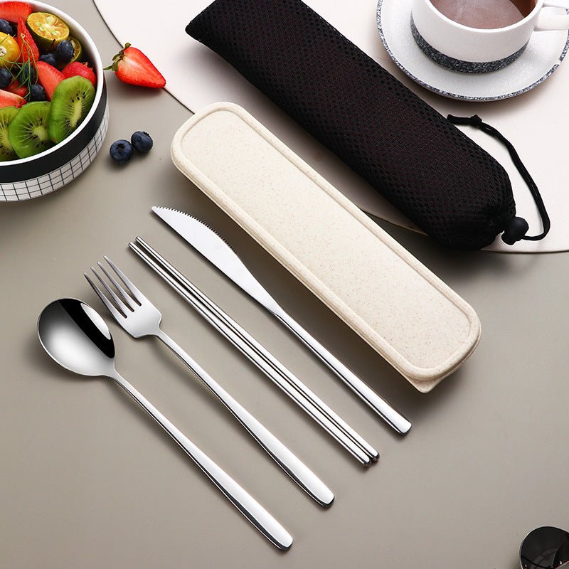 304 Dinnerware Set Flatware Kitchen Accessories Camping Travel Sets Gold Knife Fork Spoon Portable Cutlery Sets With Case $14.77 Dana Fashion Color: Silver Dana's Kitchen Product information: Material: Stainless steel Specifications: silver and black four