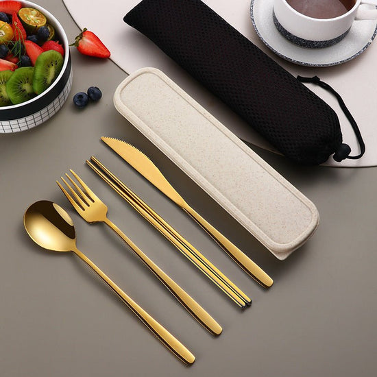 304 Dinnerware Set Flatware Kitchen Accessories Camping Travel Sets Gold Knife Fork Spoon Portable Cutlery Sets With Case $16.84 Dana Fashion Color: Gold Dana's Kitchen Product information: Material: Stainless steel Specifications: silver and black four-p