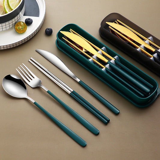 304 Dinnerware Set Flatware Kitchen Accessories Camping Travel Sets Gold Knife Fork Spoon Portable Cutlery Sets With Case $16.84 Dana Fashion Color: Gold Dana's Kitchen Product information: Material: Stainless steel Specifications: silver and black four-p
