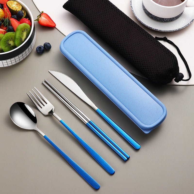 304 Dinnerware Set Flatware Kitchen Accessories Camping Travel Sets Gold Knife Fork Spoon Portable Cutlery Sets With Case $17.41 Dana Fashion Color: Silver blue Dana's Kitchen Product information: Material: Stainless steel Specifications: silver and black