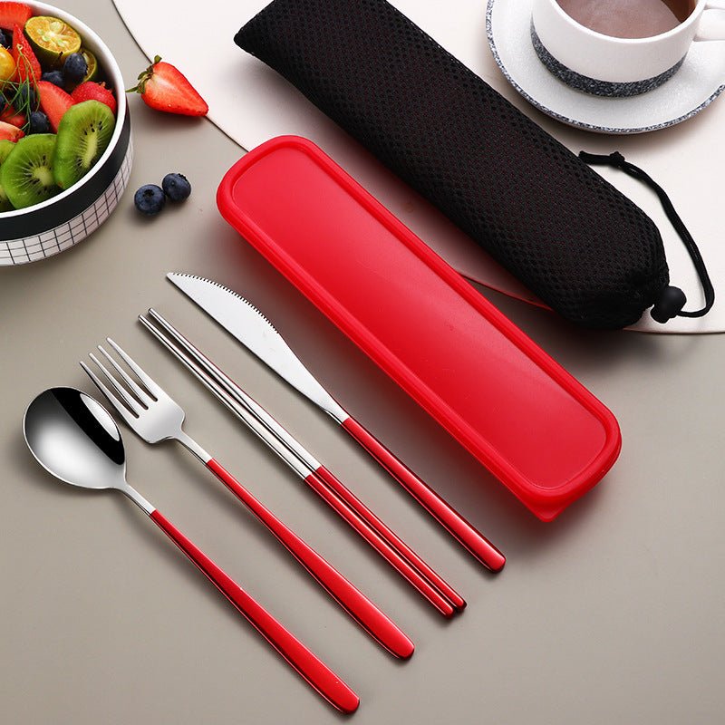 304 Dinnerware Set Flatware Kitchen Accessories Camping Travel Sets Gold Knife Fork Spoon Portable Cutlery Sets With Case $17.41 Dana Fashion Color: Silver red Dana's Kitchen Product information: Material: Stainless steel Specifications: silver and black