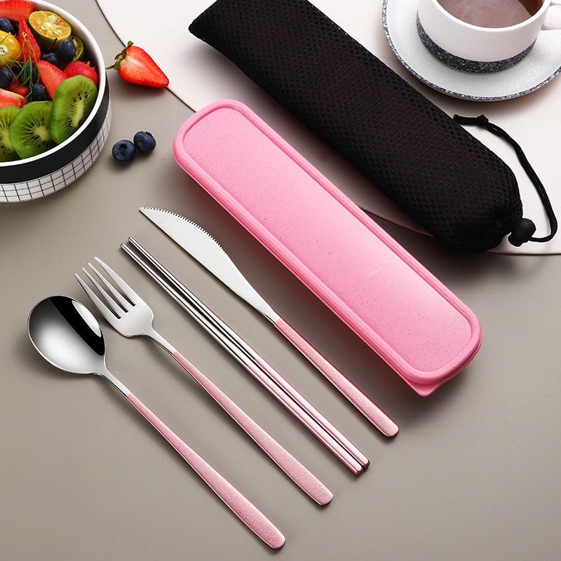 304 Dinnerware Set Flatware Kitchen Accessories Camping Travel Sets Gold Knife Fork Spoon Portable Cutlery Sets With Case $17.41 Dana Fashion Color: Silver pink Dana's Kitchen Product information: Material: Stainless steel Specifications: silver and black