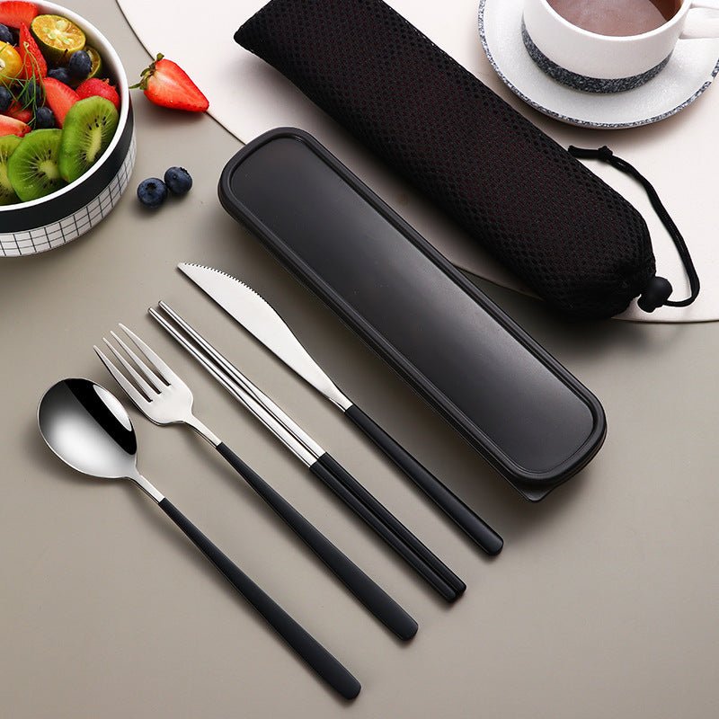 304 Dinnerware Set Flatware Kitchen Accessories Camping Travel Sets Gold Knife Fork Spoon Portable Cutlery Sets With Case $33.59 Dana Fashion Color: Silver black Dana's Kitchen Product information: Material: Stainless steel Specifications: silver and blac