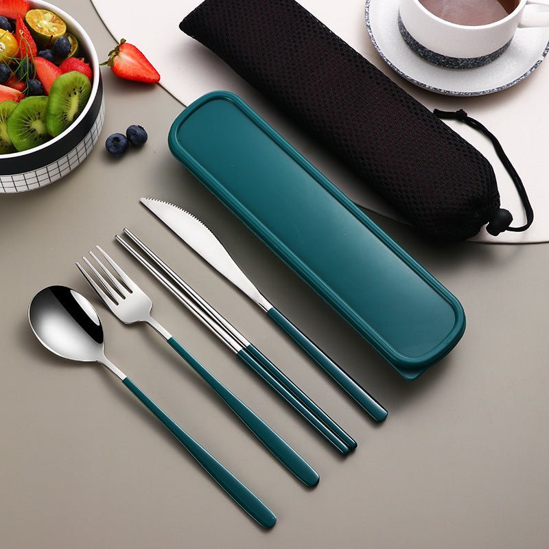 304 Dinnerware Set Flatware Kitchen Accessories Camping Travel Sets Gold Knife Fork Spoon Portable Cutlery Sets With Case $17.41 Dana Fashion Color: Silver dark green Dana's Kitchen Product information: Material: Stainless steel Specifications: silver and