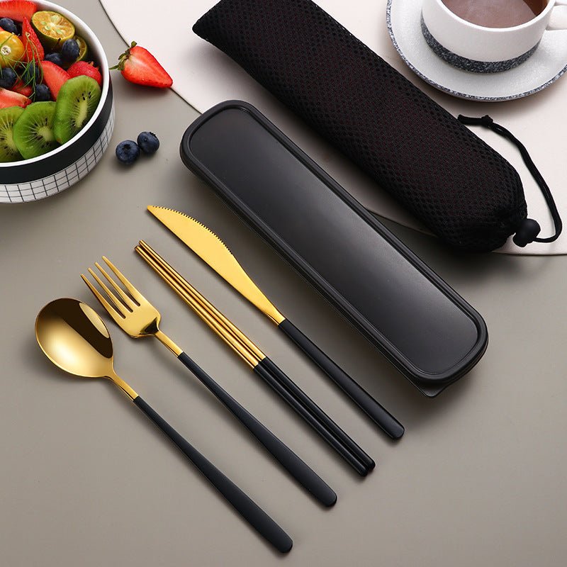 304 Dinnerware Set Flatware Kitchen Accessories Camping Travel Sets Gold Knife Fork Spoon Portable Cutlery Sets With Case $33.68 Dana Fashion Color: Gold black Dana's Kitchen Product information: Material: Stainless steel Specifications: silver and black