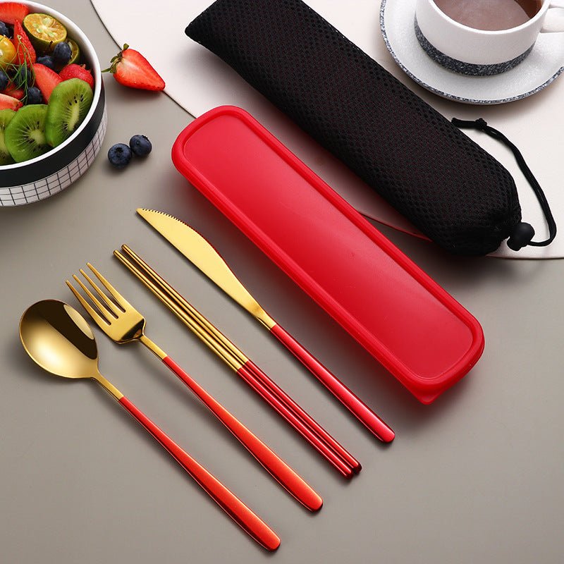 304 Dinnerware Set Flatware Kitchen Accessories Camping Travel Sets Gold Knife Fork Spoon Portable Cutlery Sets With Case $24.30 Dana Fashion Color: Golden red Dana's Kitchen Product information: Material: Stainless steel Specifications: silver and black