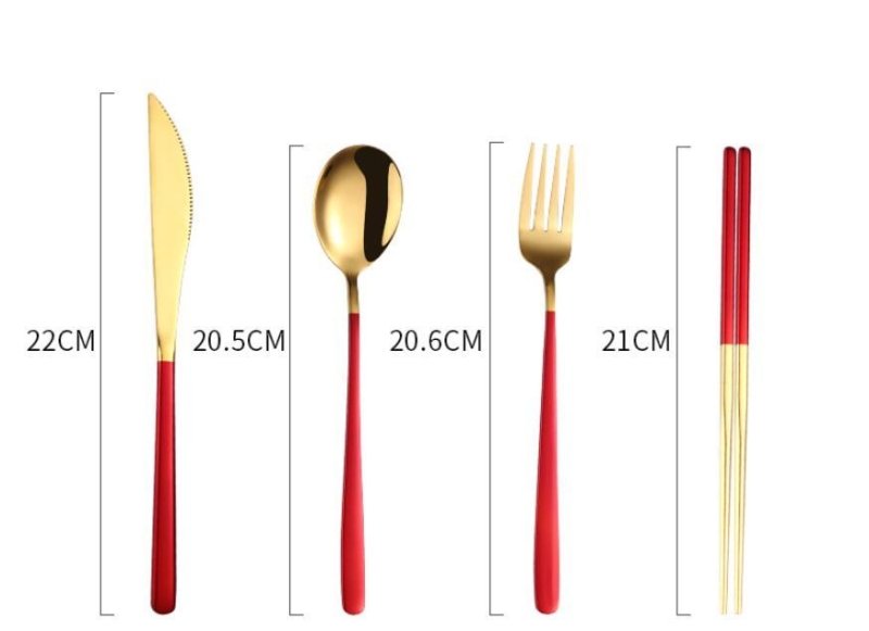304 Dinnerware Set Flatware Kitchen Accessories Camping Travel Sets Gold Knife Fork Spoon Portable Cutlery Sets With Case $16.84 Dana Fashion Color: Gold Dana's Kitchen Product information: Material: Stainless steel Specifications: silver and black four-p