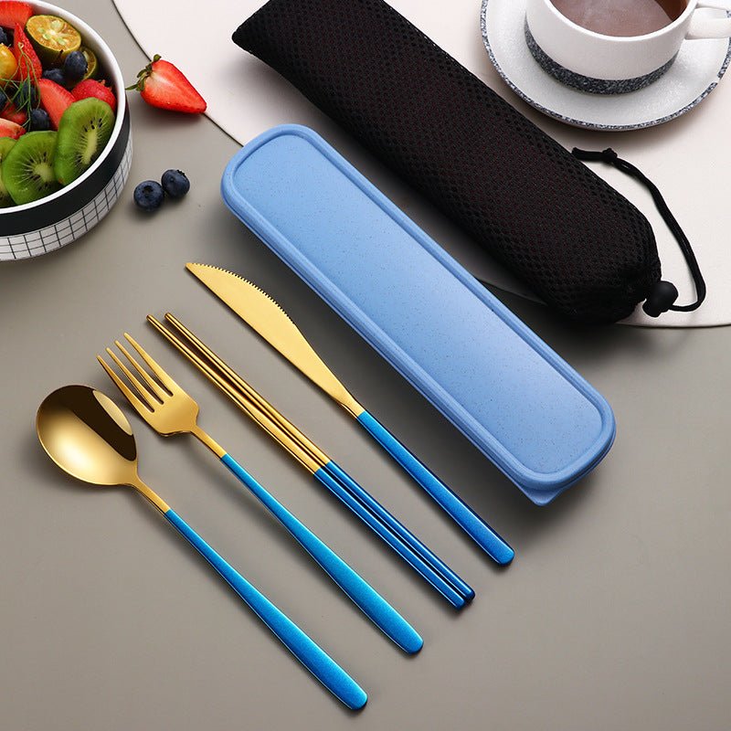 304 Dinnerware Set Flatware Kitchen Accessories Camping Travel Sets Gold Knife Fork Spoon Portable Cutlery Sets With Case $24.82 Dana Fashion Color: Golden Blue Dana's Kitchen Product information: Material: Stainless steel Specifications: silver and black