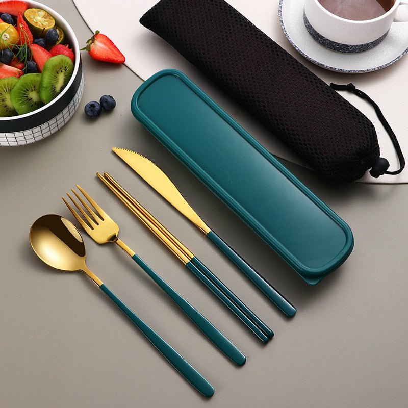 304 Dinnerware Set Flatware Kitchen Accessories Camping Travel Sets Gold Knife Fork Spoon Portable Cutlery Sets With Case $24.82 Dana Fashion Color: Gold dark green Dana's Kitchen Product information: Material: Stainless steel Specifications: silver and b