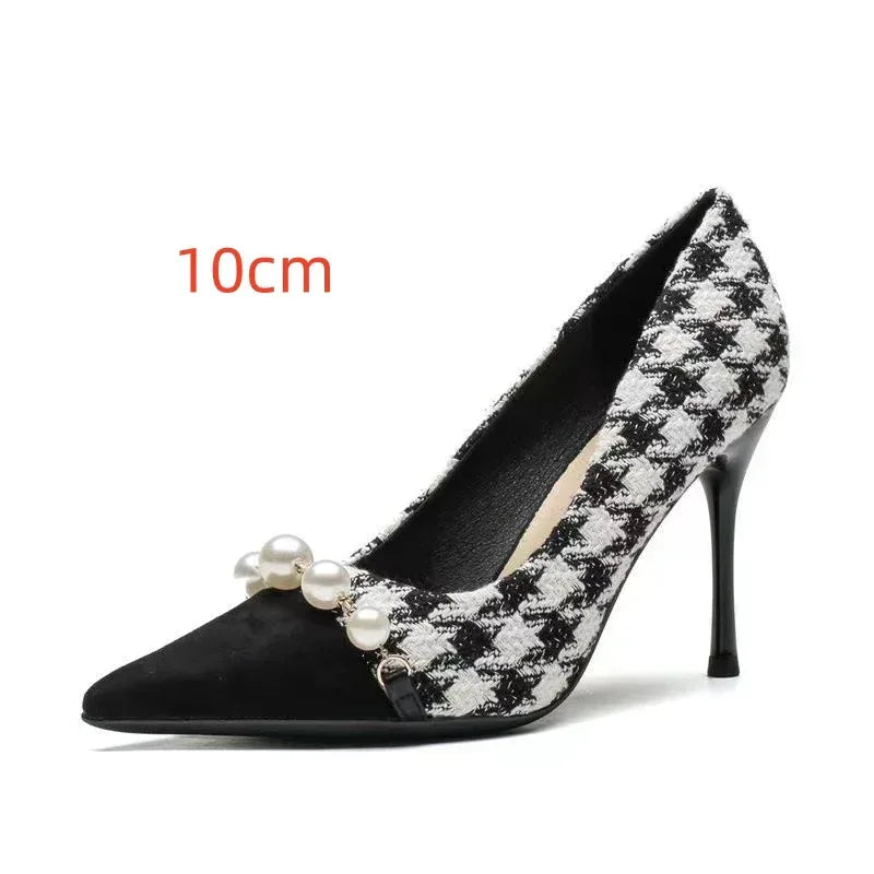 Shallow Mouth Pointed Pearl Chain Plaid Women's Single Shoes - DanaFashionstore