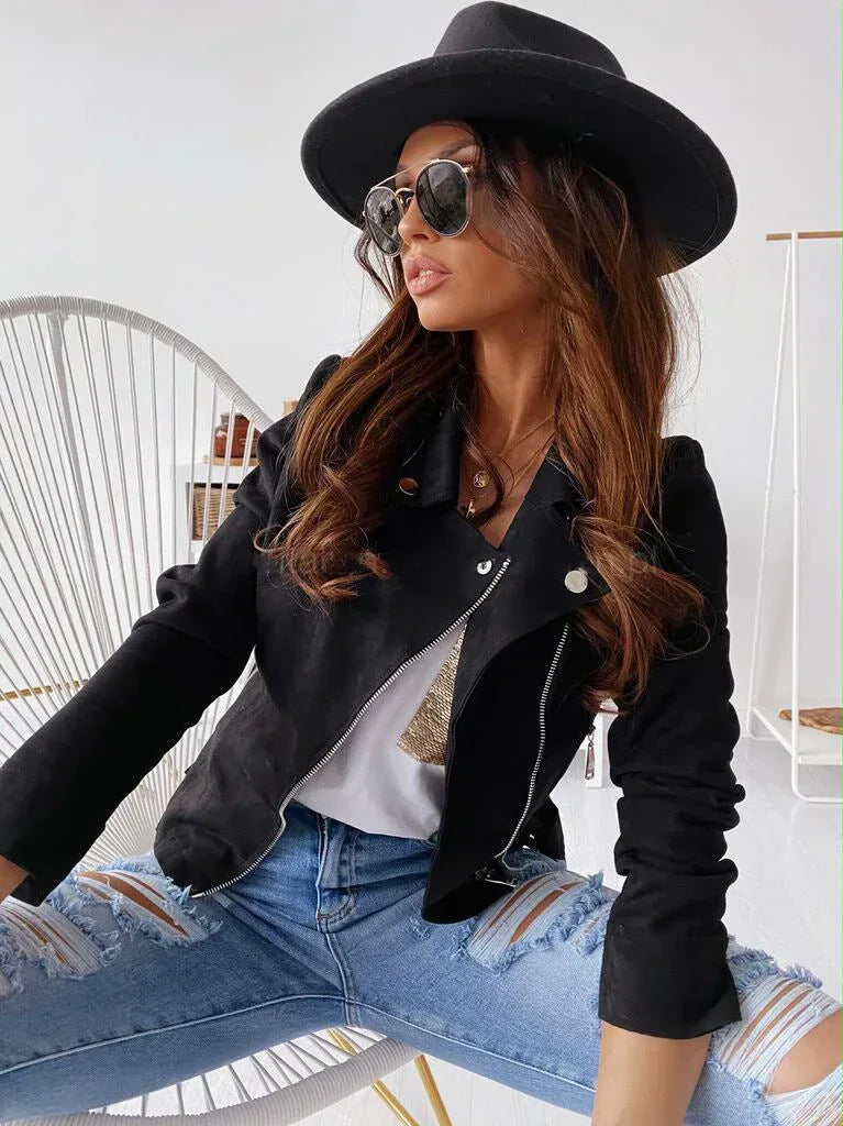 Zip-up Lapel Jacket With Pockets Ins Fashion Long Sleeve Short Tops Women's Clothing - DanaFashionstore