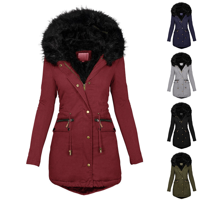 Women's Plush Hooded Parkas Winter Warm Thick  Zip-up Jackets Casual Mid-length Solid Buckle Pockets Coat Outerwear Clothing Dana Fashion