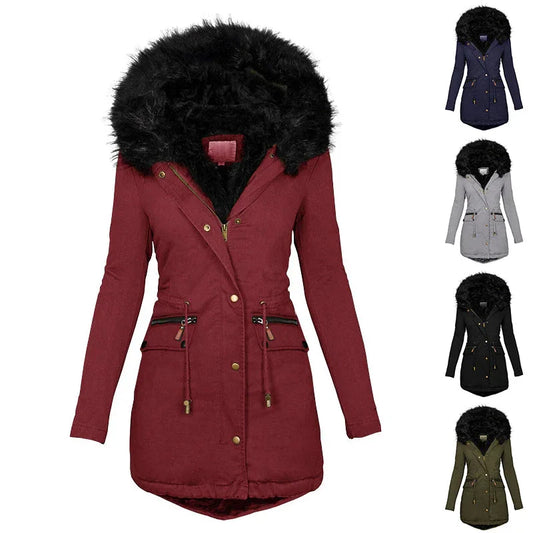 Women's Plush Hooded Parkas Winter Warm Thick Zip-up Jackets Casual Mid-length Solid Buckle Pockets Coat Outerwear Clothing - DanaFashionstore