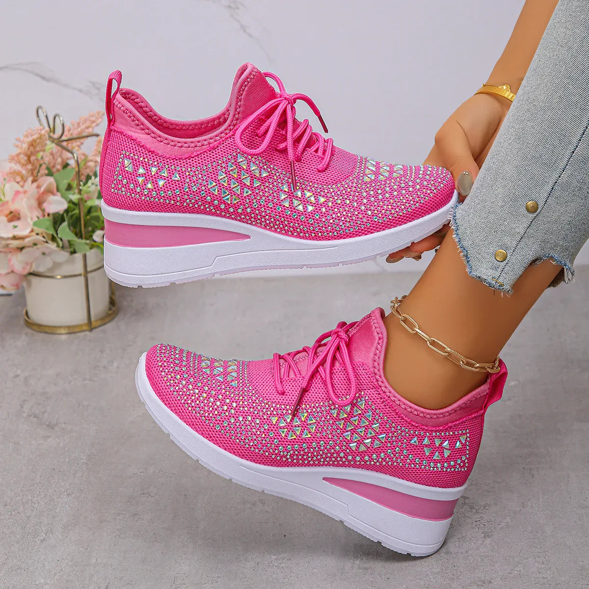 Ins Rhinestone Sneakers Fashion Lace Up Wedges Casual Shoes Women's Daily Commuting Sports Shoes - DanaFashionstore