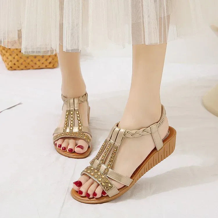 Casual Wedges Sandals With Rhinestone Summer Plus-size Peep-toe Roman Shoes - DanaFashionstore