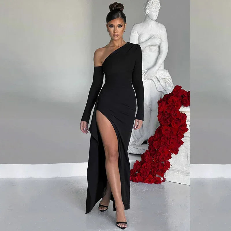Knitted One-Shoulder Dress 2026 - Long Sleeve Split Dress - DanaFashionstore