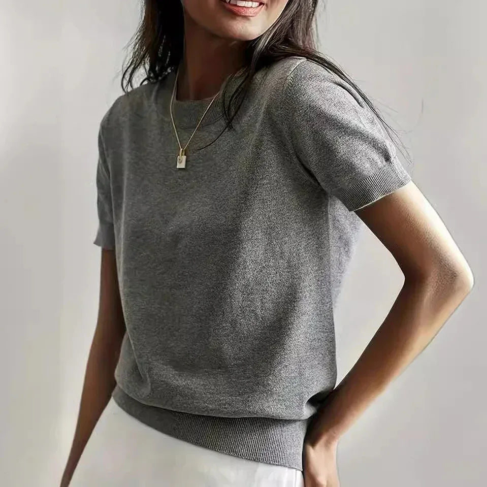 Simple Niche Round Neck Solid Color French Short Sleeve Sweater Sweater - DanaFashionstore