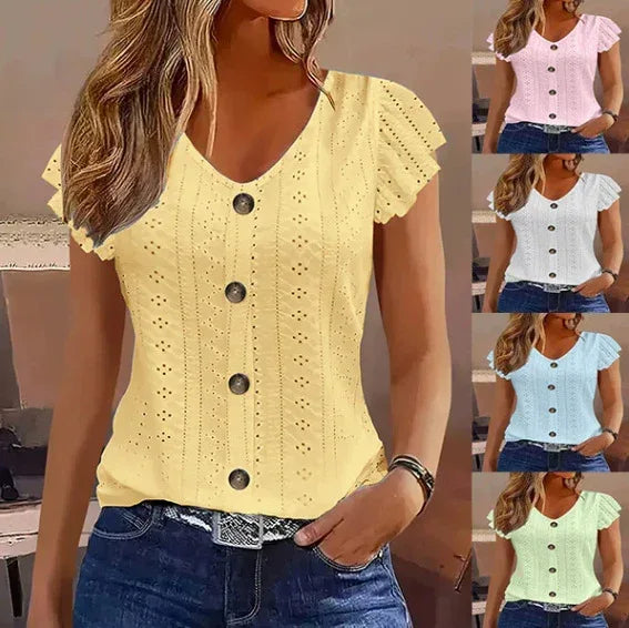 Solid Color Jacquard V-neck Buttons Long Sleeve T-shirt - DanaFashionstore