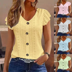 Solid Color Jacquard V-neck Buttons Long Sleeve T-shirt - DanaFashionstore