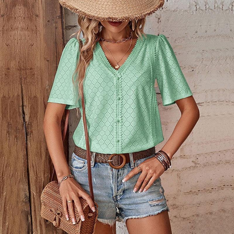 Women's V-neck T-shirt Lace Patchwork Top - DanaFashionstore
