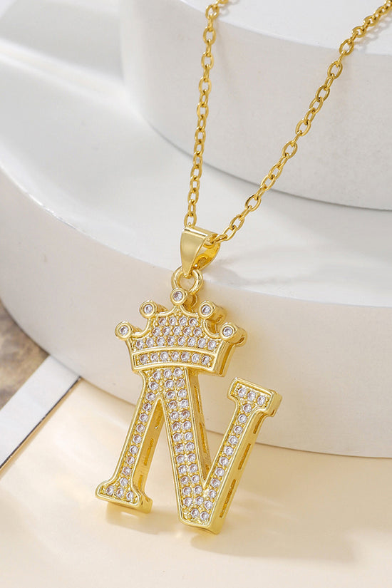 1PCS Fashionable Gold Diamond Crown Uppercase Letter Popular Pendant Necklace Suitable For Daily Use Festivals Parties Gifts Jewelry Set