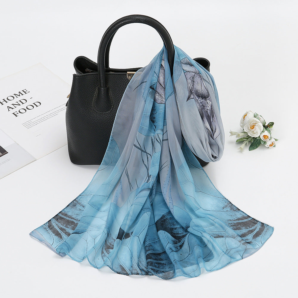 Thin Chiffon Lotus Pond Moonlight Printed Silk Scarf