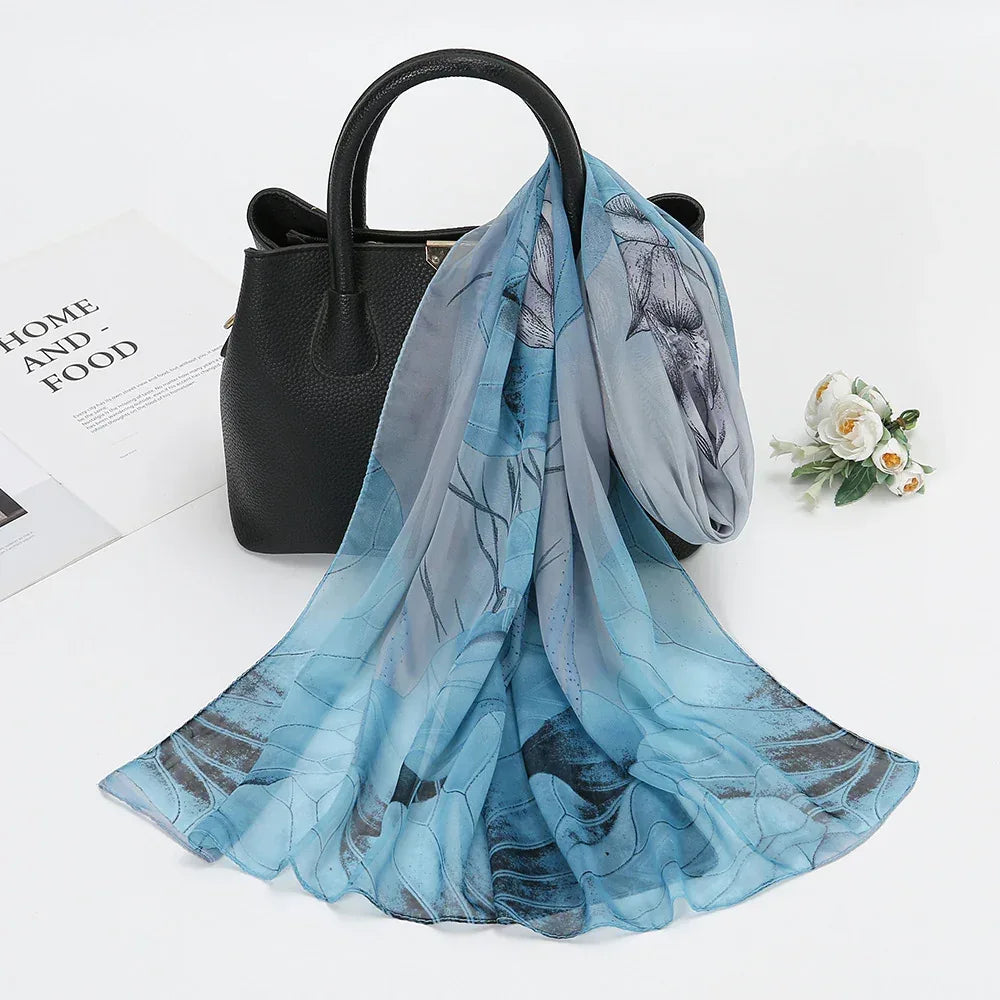 Thin Chiffon Lotus Pond Moonlight Printed Silk Scarf - DanaFashionstore