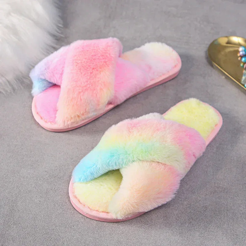 Fashion Cross Plush Casual Rainbow Slippers - DanaFashionstore