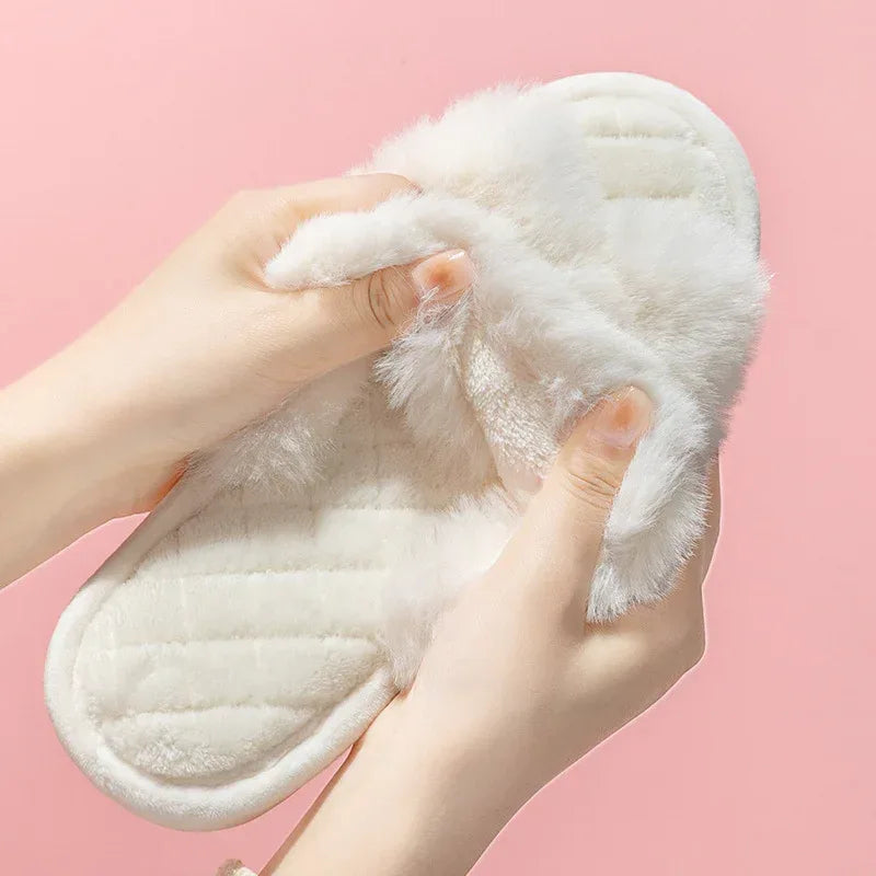 Cross-strap Furry Slippers Warm House Shoes For Women Winter Casual Flip Flops Fluffy Shoes Slides Soft Plush Home Indoor Slippers - DanaFashionstore