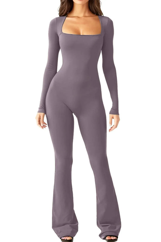 Women Long Sleeve Belly Waist Shaping And Hip Lift Square Collar Wide Leg High Elastic Jumpsuit - DanaFashionstore