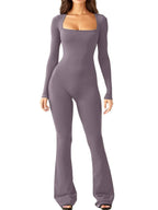 Women Long Sleeve Belly Waist Shaping And Hip Lift Square Collar Wide Leg High Elastic Jumpsuit - DanaFashionstore
