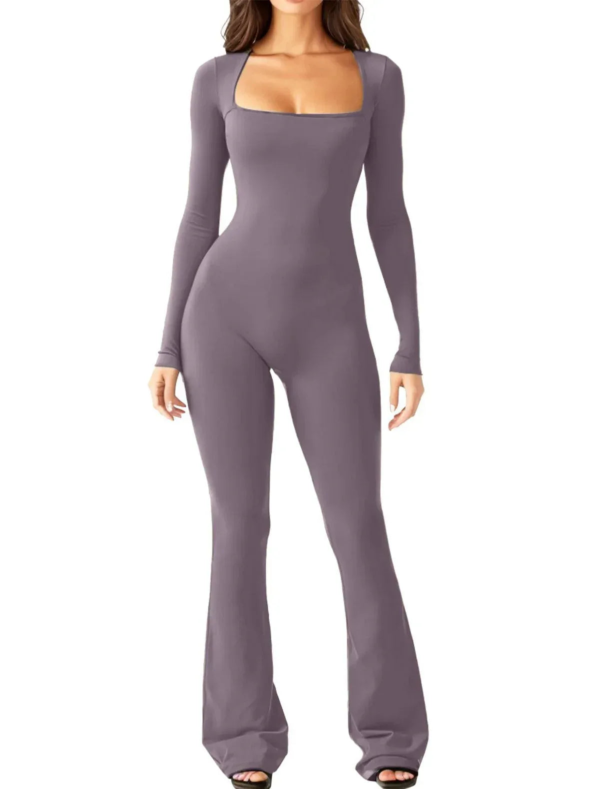 Women Long Sleeve Belly Waist Shaping And Hip Lift Square Collar Wide Leg High Elastic Jumpsuit - DanaFashionstore