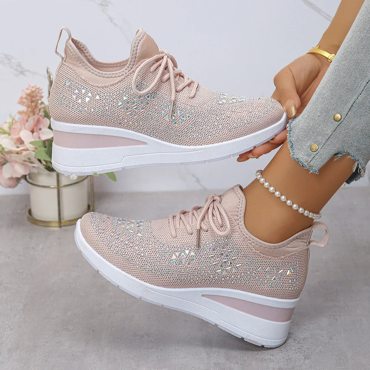 Ins Rhinestone Sneakers Fashion Lace Up Wedges Casual Shoes Women's Daily Commuting Sports Shoes - DanaFashionstore