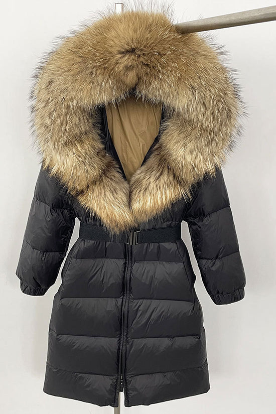 Women's Long Cinched Hoodie Real Fox Fur Collar Coat