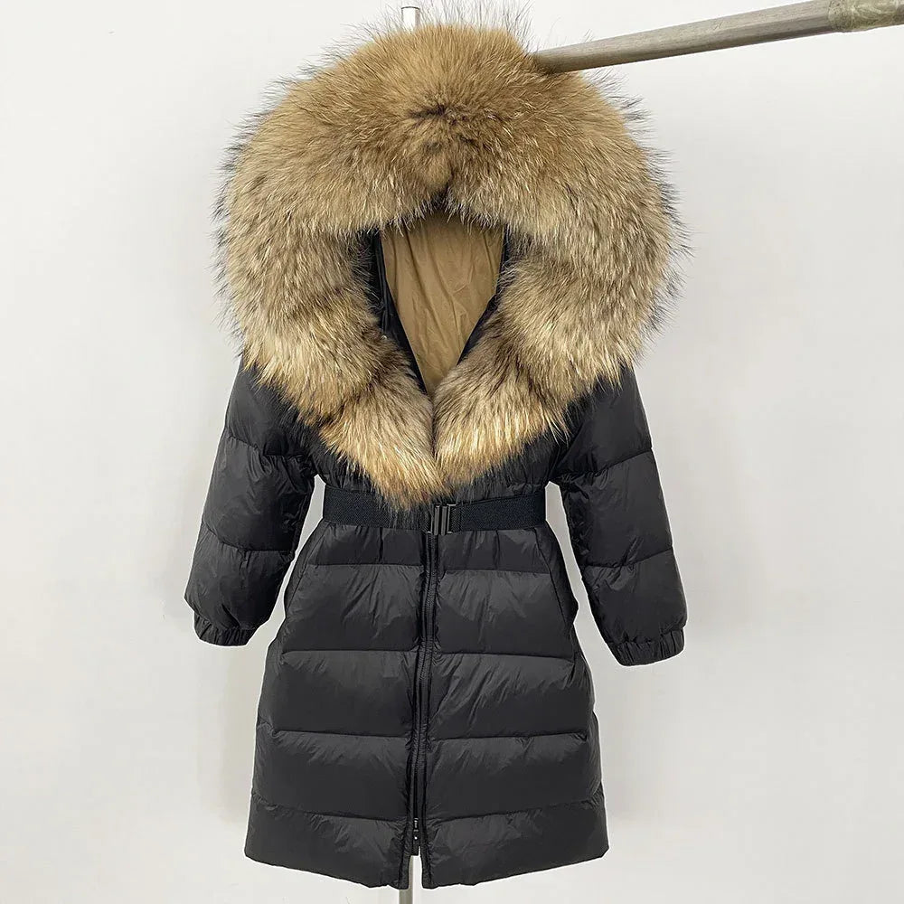 Women's Long Cinched Hoodie Real Fox Fur Collar Coat 2026 - Winter Jacket - DanaFashionstore