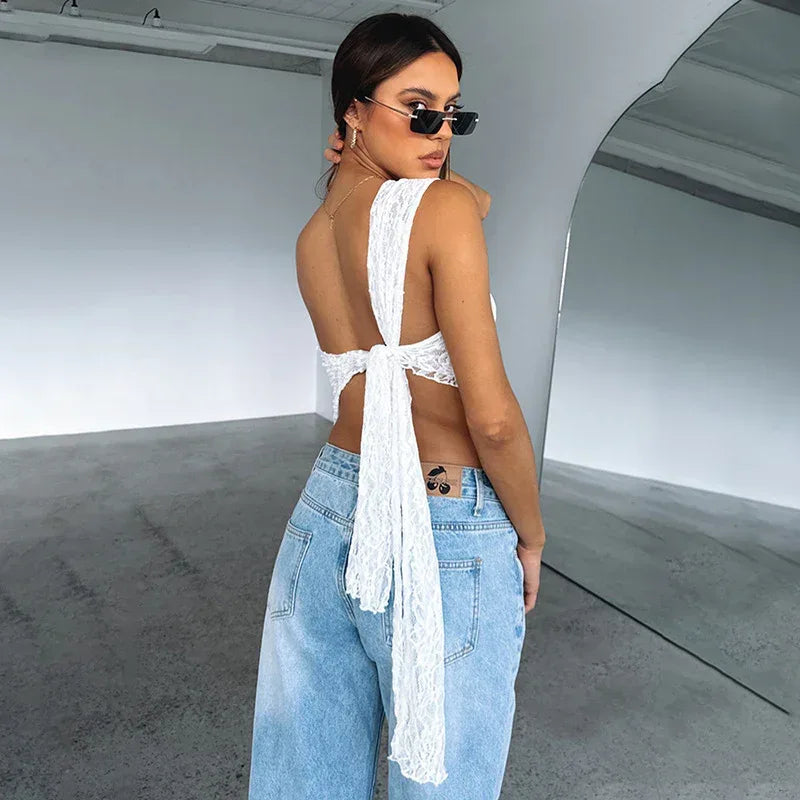 Ins Lace Backless Top Summer Solid Color Waistless Asymmetrical Sloped Neck Vest Streetwear Womens Clothes - DanaFashionstore