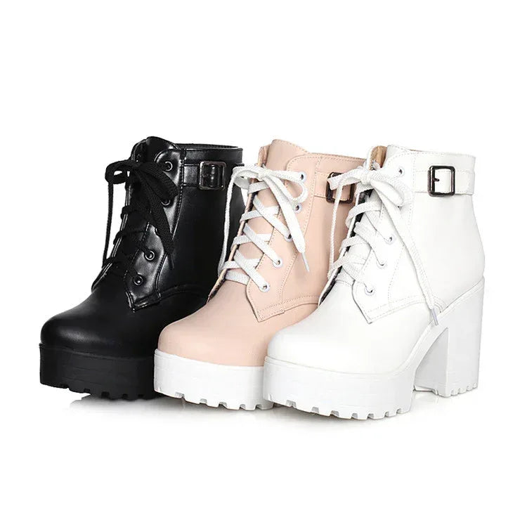 Sponge cake chunky heel plus size lace-up Martin boots - DanaFashionstore